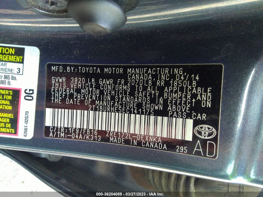 2014 TOYOTA COROLLA L/LE/S/S PLUS/LE PLUS - 2T1BURHE5EC141175
