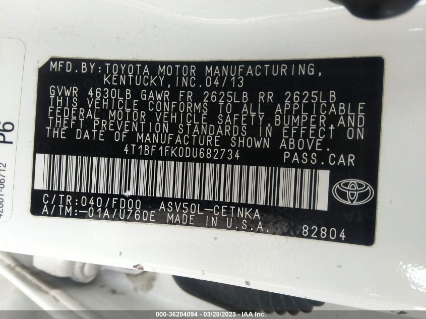 2013 TOYOTA CAMRY LE - 4T1BF1FK0DU682734