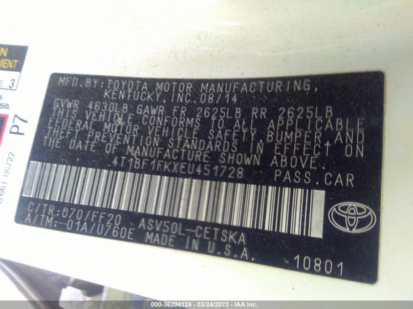 2014 TOYOTA CAMRY L/LE/XLE/SE/SE SPORT - 4T1BF1FKXEU451728