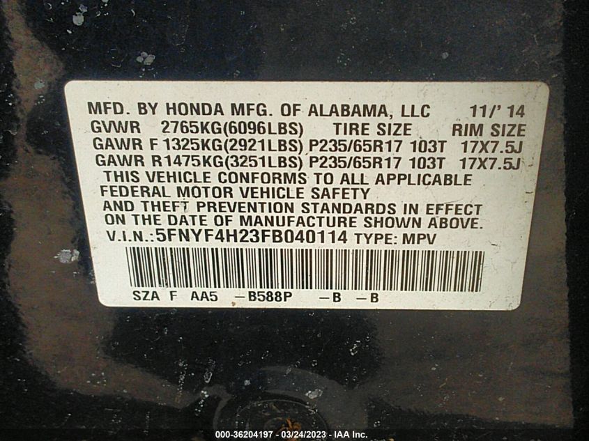 2015 HONDA PILOT LX - 5FNYF4H23FB040114