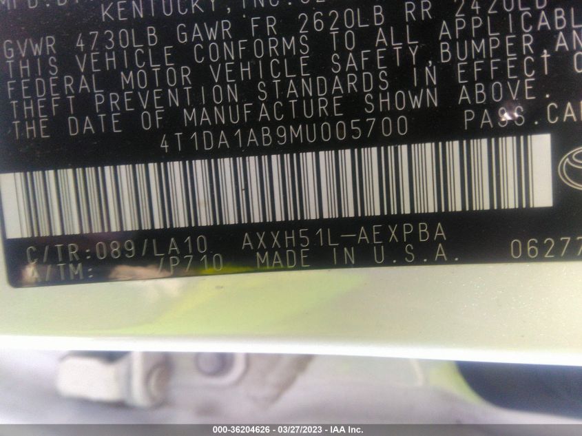 2021 TOYOTA AVALON HYBRID LIMITED - 4T1DA1AB9MU005700