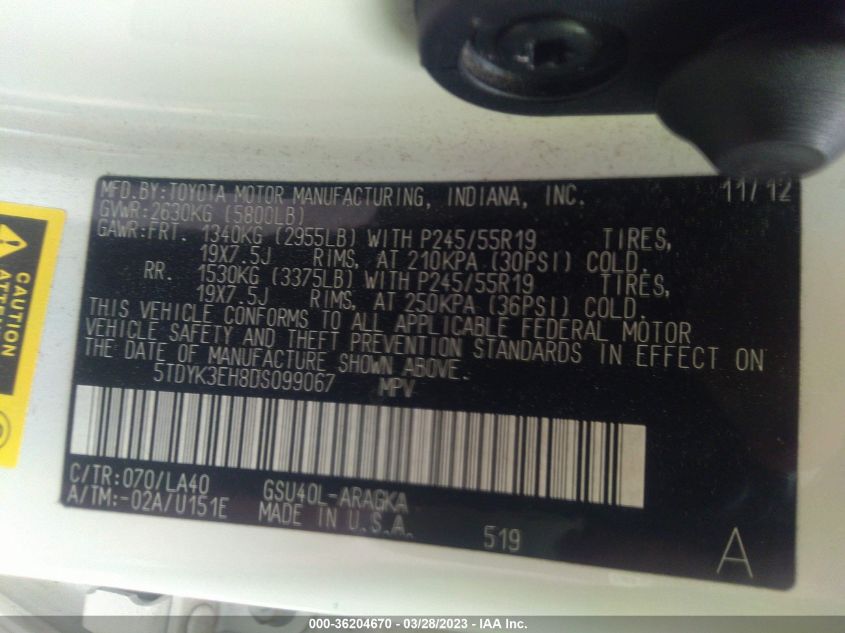2013 TOYOTA HIGHLANDER LIMITED - 5TDYK3EH8DS099067