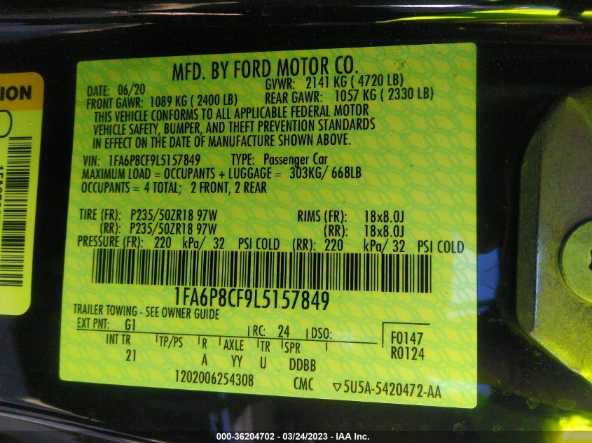 2020 FORD MUSTANG GT - 1FA6P8CF9L5157849