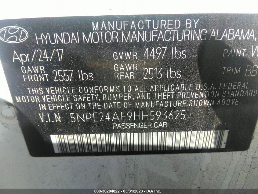 2017 HYUNDAI SONATA SE - 5NPE24AF9HH593625