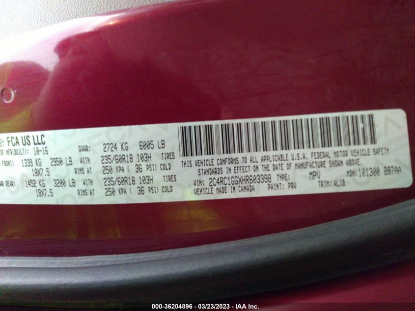 2017 CHRYSLER PACIFICA LIMITED - 2C4RC1GGXHR603398