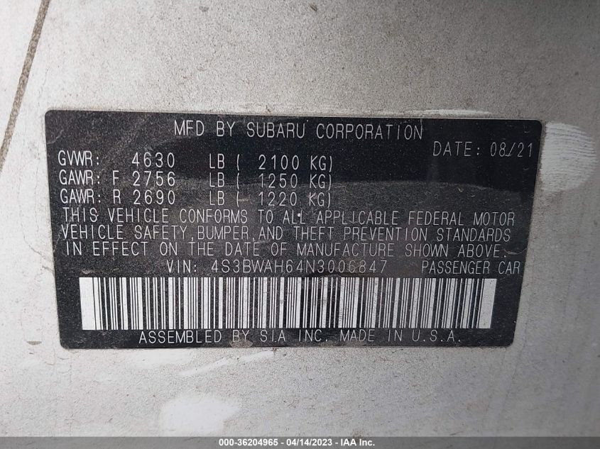2022 SUBARU LEGACY SPORT - 4S3BWAH64N3006847