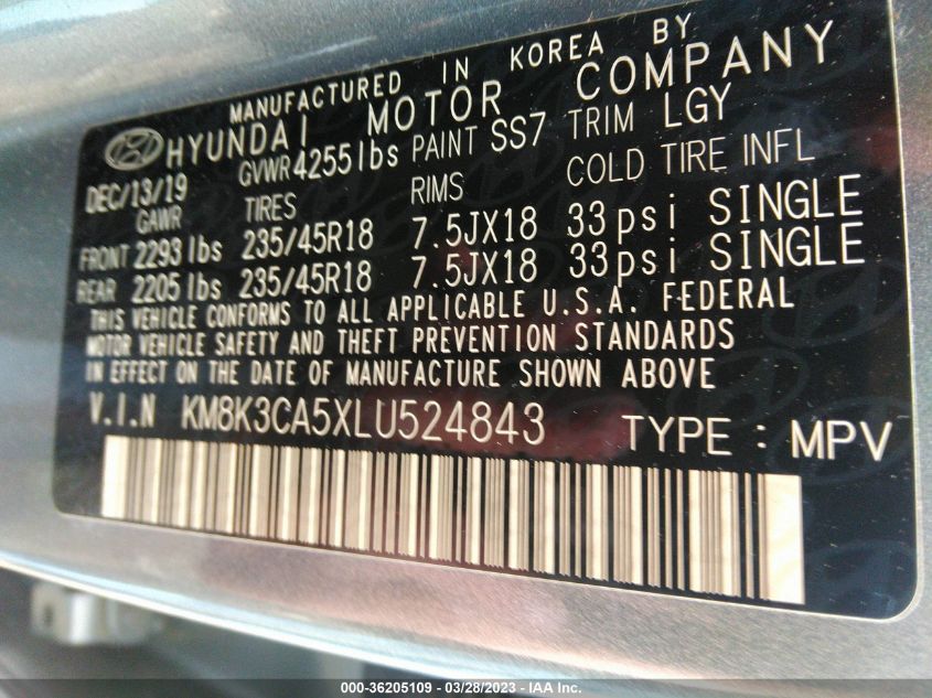 2020 HYUNDAI KONA LIMITED - KM8K3CA5XLU524843