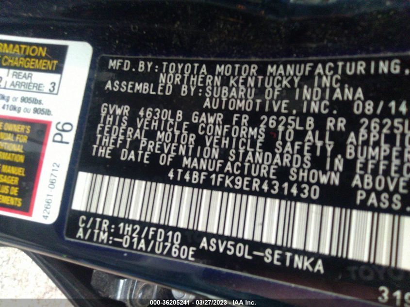 2014 TOYOTA CAMRY L/LE/XLE/SE/SE SPORT - 4T4BF1FK9ER431430