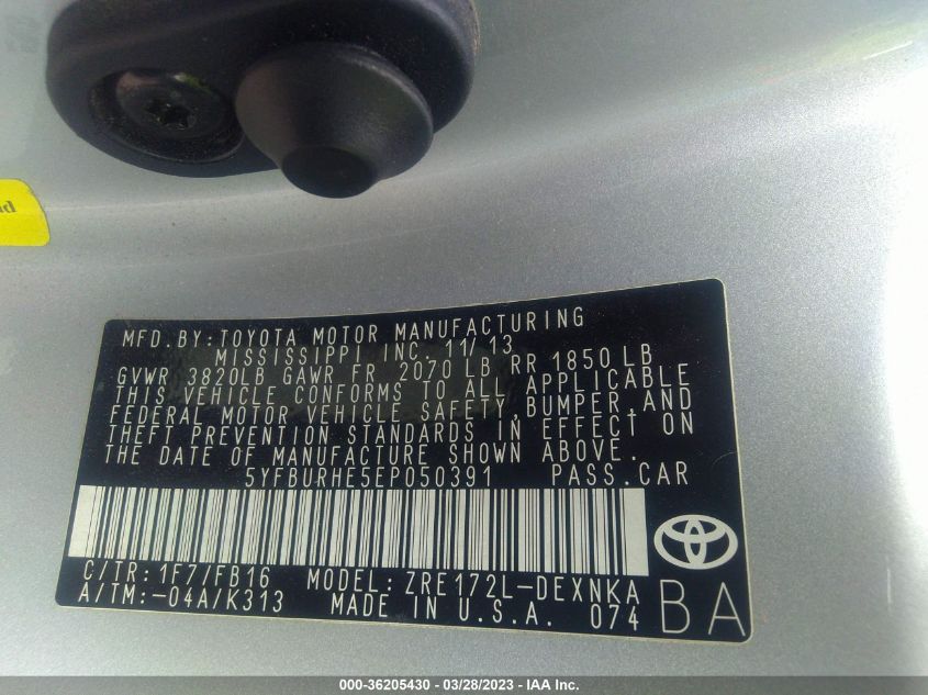 2014 TOYOTA COROLLA L/LE/S/S PLUS/LE PLUS - 5YFBURHE5EP050391