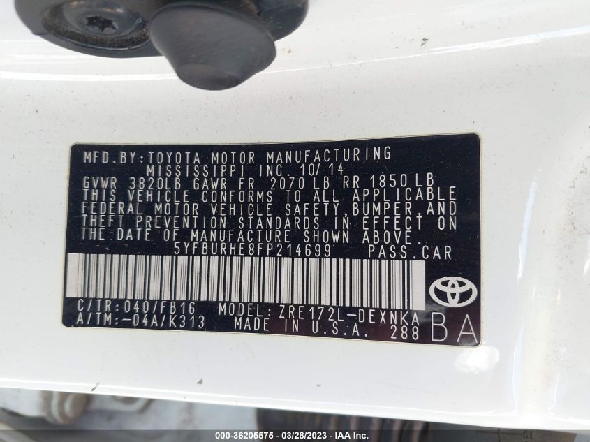 2015 TOYOTA COROLLA L/LE/S/S PLUS/LE PLUS - 5YFBURHE8FP214699