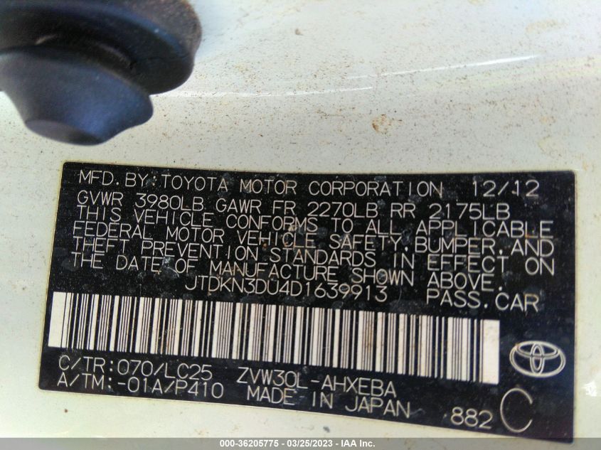2013 TOYOTA PRIUS ONE/TWO/THREE/FOUR/FIVE - JTDKN3DU4D1639913