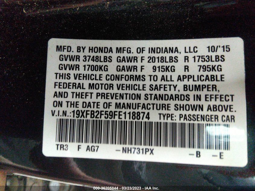 2015 HONDA CIVIC SEDAN LX - 19XFB2F59FE118874
