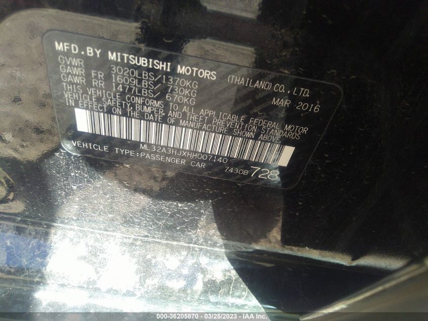 2017 MITSUBISHI MIRAGE ES - ML32A3HJXHH007140