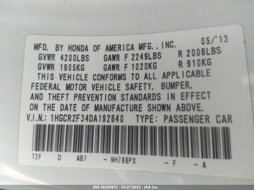 2013 HONDA ACCORD SDN LX - 1HGCR2F34DA192640