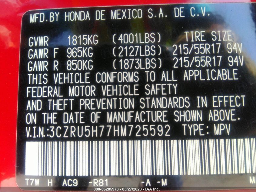 2017 HONDA HR-V EX-L NAVI - 3CZRU5H77HM725592