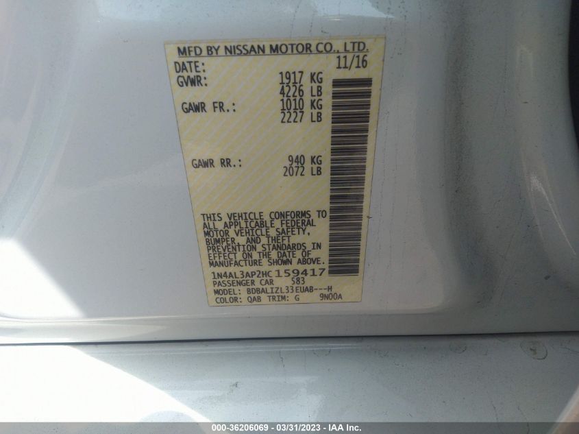 2017 NISSAN ALTIMA 2.5 SV - 1N4AL3AP2HC159417