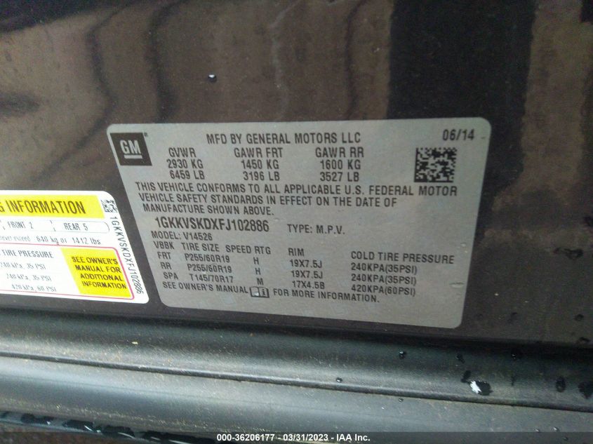 2015 GMC ACADIA SLT - 1GKKVSKDXFJ102886