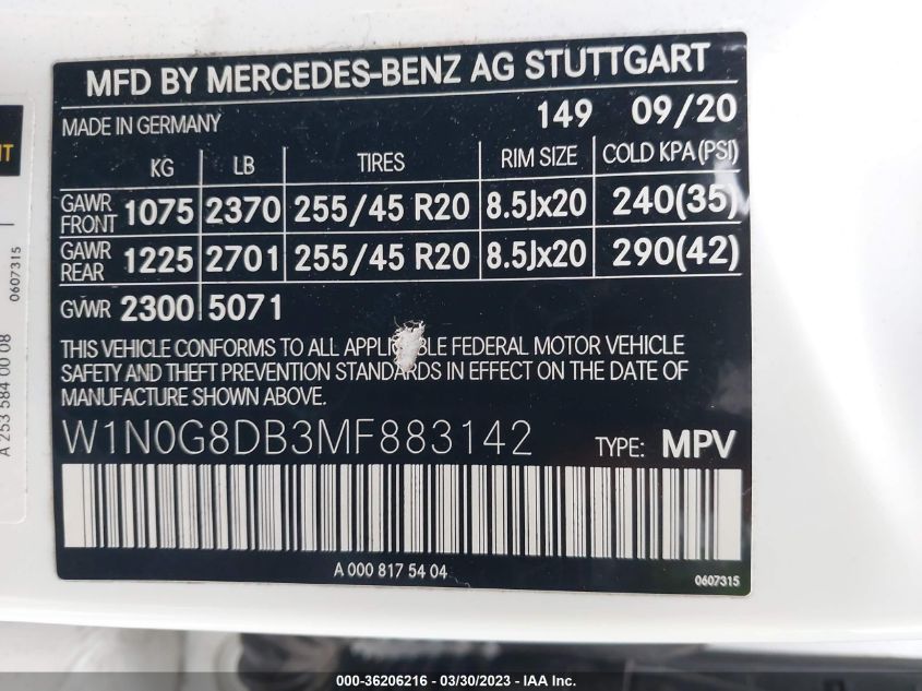 2021 MERCEDES-BENZ GLC GLC 300 - W1N0G8DB3MF883142