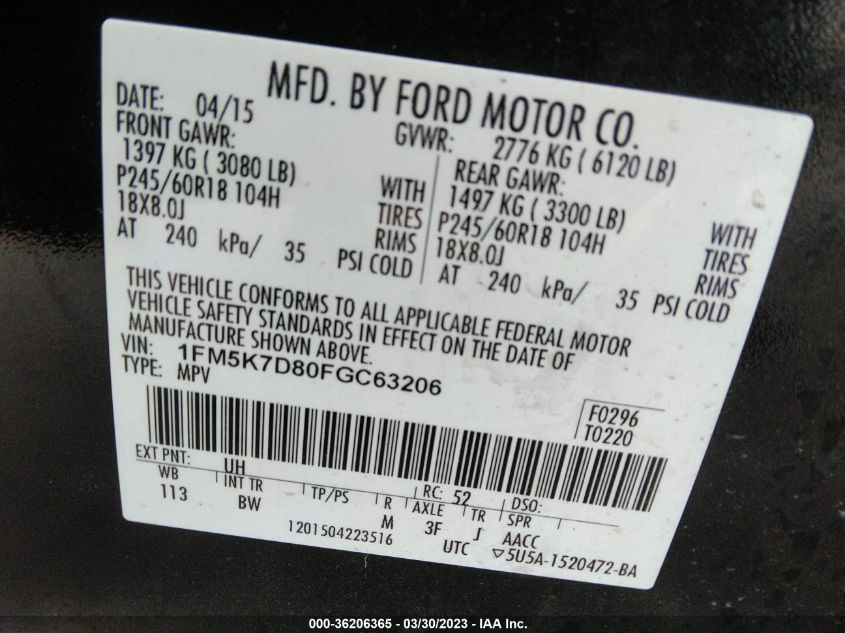 2015 FORD EXPLORER XLT - 1FM5K7D80FGC63206