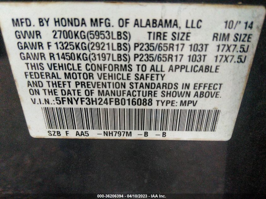 2015 HONDA PILOT LX - 5FNYF3H24FB016088