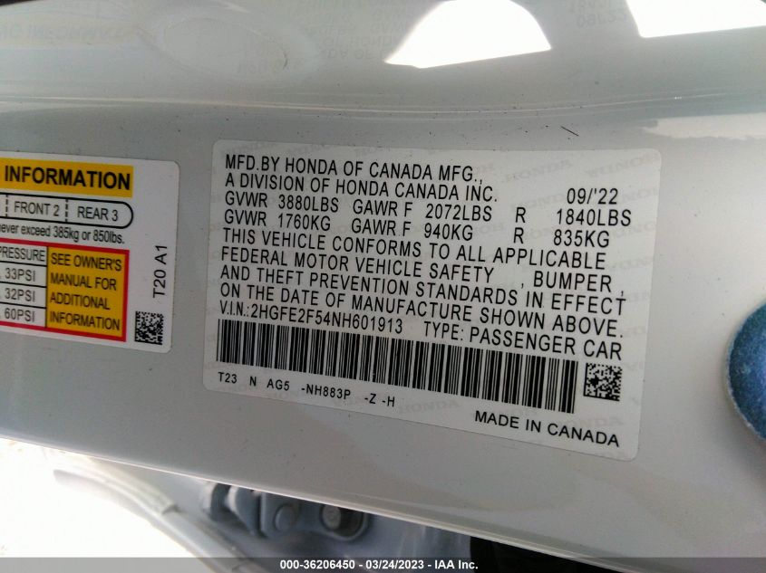 2022 HONDA CIVIC SEDAN SPORT - 2HGFE2F54NH601913