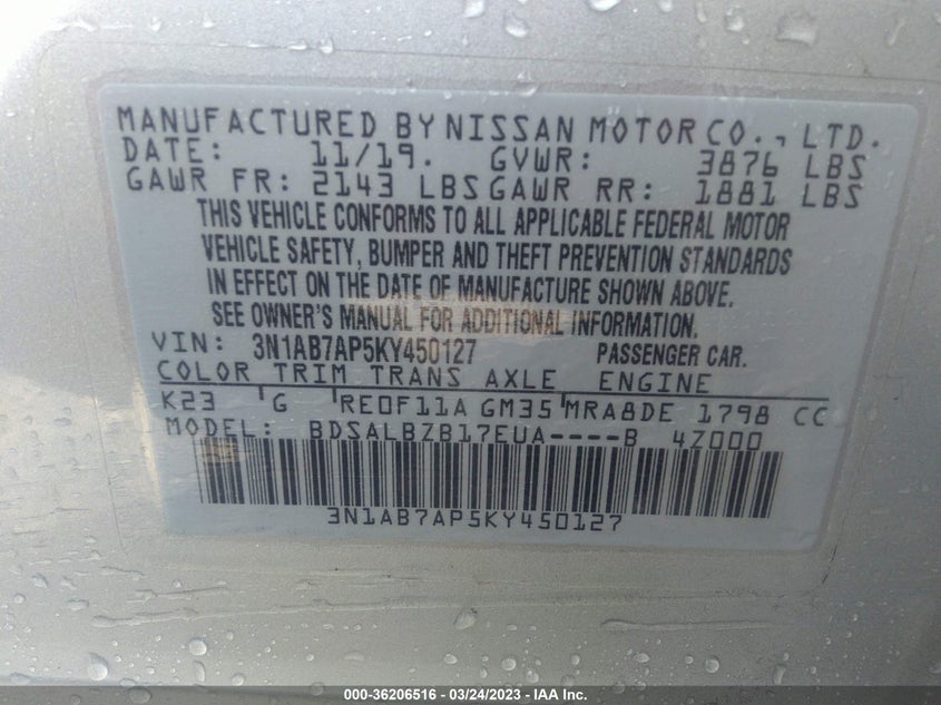 VIN 3N1AB7AP5KY450127 2019 NISSAN SENTRA S