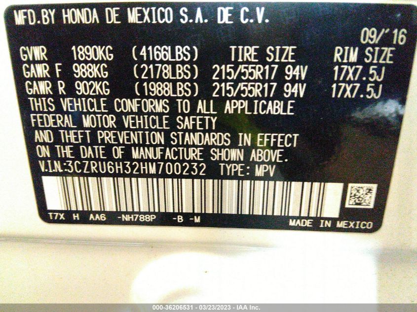 2017 HONDA HR-V LX - 3CZRU6H32HM700232