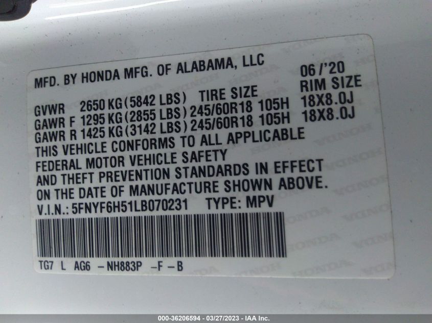 2020 HONDA PILOT EX-L - 5FNYF6H51LB070231