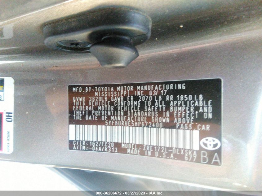2017 TOYOTA COROLLA L/LE/XLE/SE - 5YFBURHE5HP672400