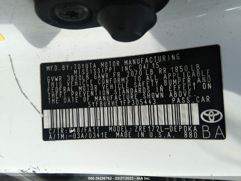 2015 TOYOTA COROLLA L/LE/S/S PLUS/LE PLUS - 5YFBURHE1FP305443