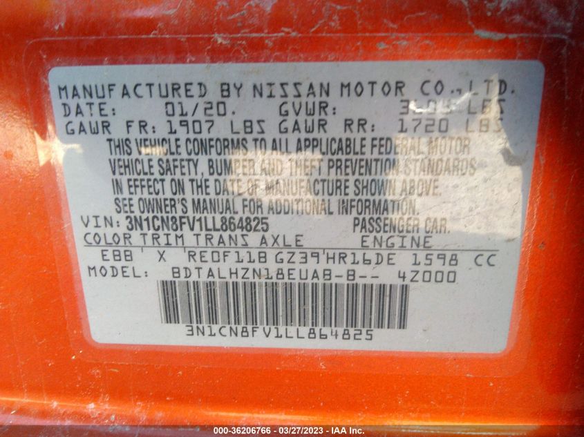 2020 NISSAN VERSA SR - 3N1CN8FV1LL864825