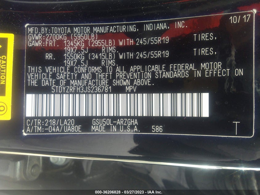 VIN 5TDYZRFH3JS236781 2018 TOYOTA HIGHLANDER LIMITED