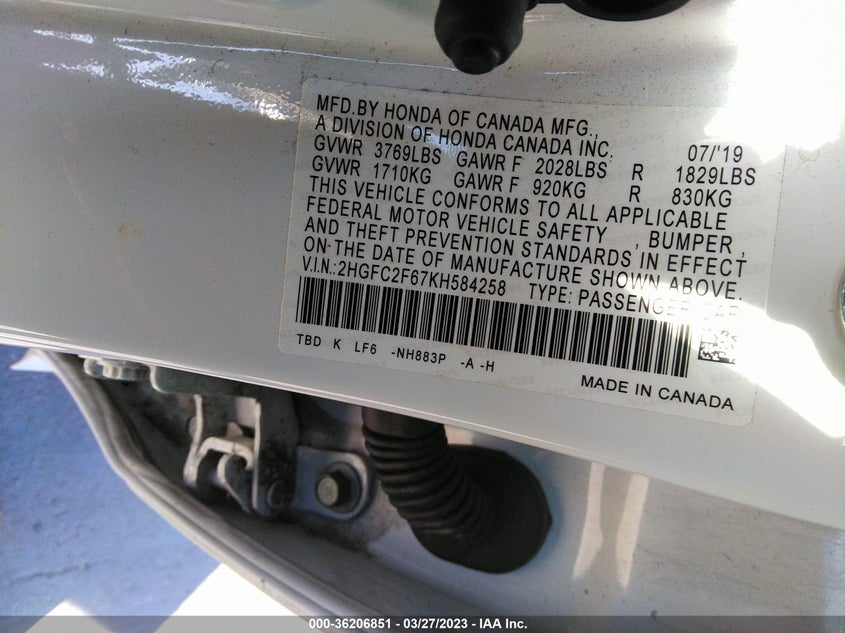 VIN 2HGFC2F67KH584258 2019 HONDA CIVIC SEDAN LX