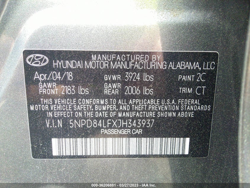 VIN 5NPD84LFXJH343937 2018 HYUNDAI ELANTRA SEL