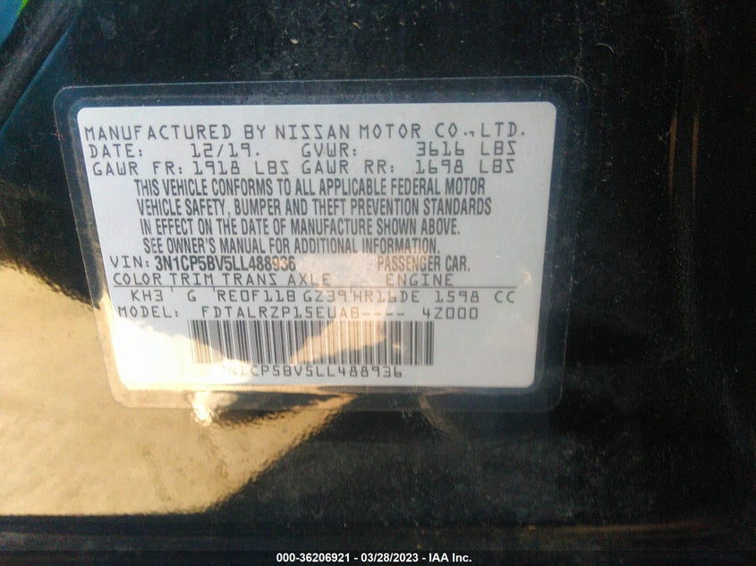 VIN 3N1CP5BV5LL488936 2020 NISSAN KICKS S