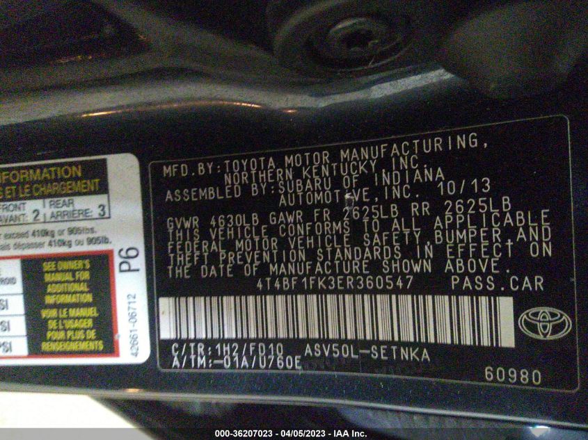 2014 TOYOTA CAMRY L/LE/XLE/SE/SE SPORT - 4T4BF1FK3ER360547