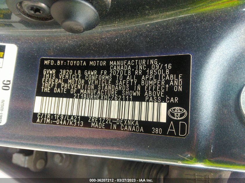 2017 TOYOTA COROLLA L/LE/XLE/SE - 2T1BURHEXHC762111