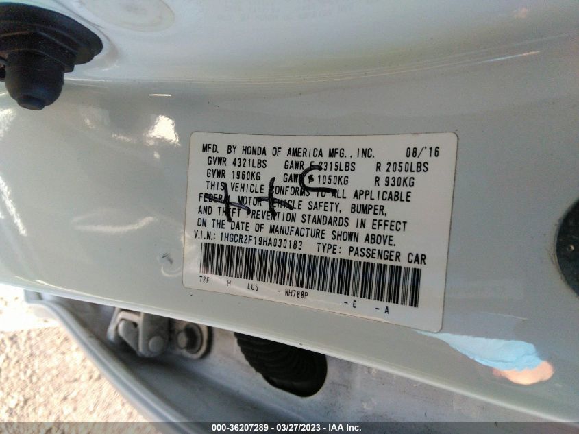 2017 HONDA ACCORD SEDAN SPORT SE - 1HGCR2F19HA030183