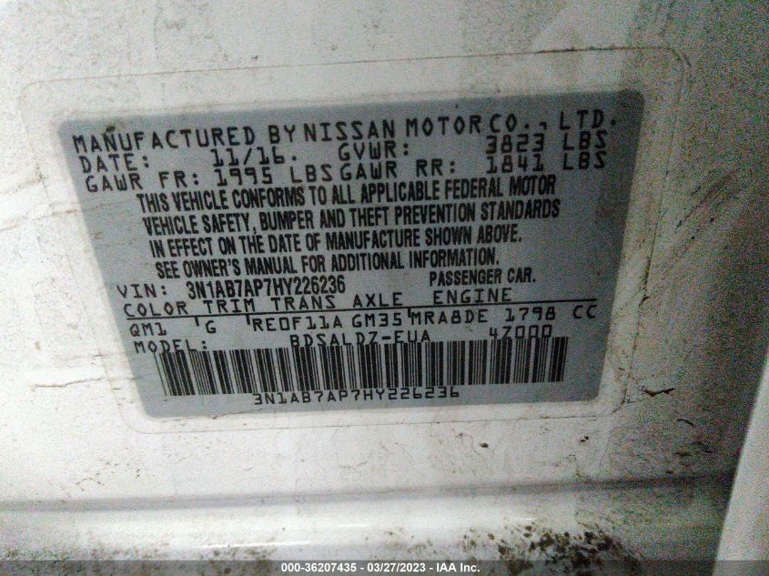 2017 NISSAN SENTRA SV - 3N1AB7AP7HY226236