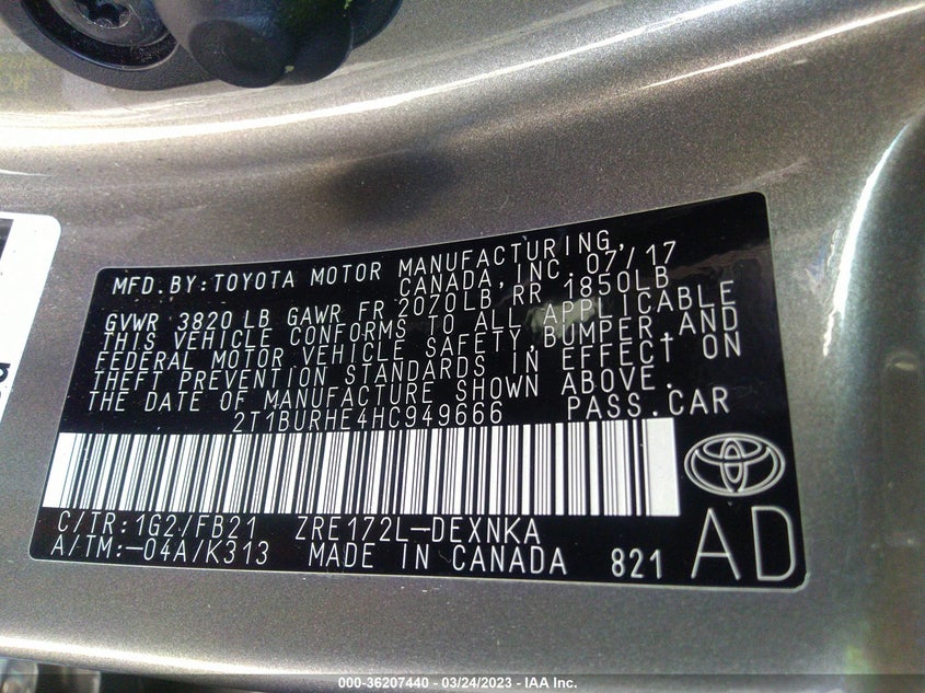 VIN 2T1BURHE4HC949666 2017 TOYOTA COROLLA L/LE/XLE/SE