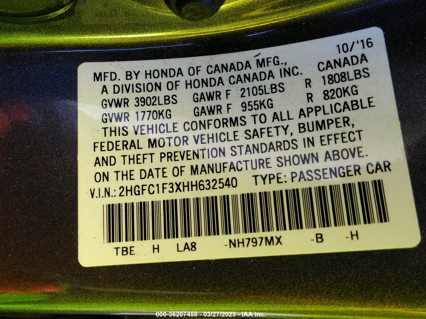 VIN 2HGFC1F3XHH632540 2017 HONDA CIVIC SEDAN EX-T