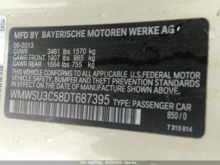 2013 MINI COOPER HARDTOP - WMWSU3C58DT687395