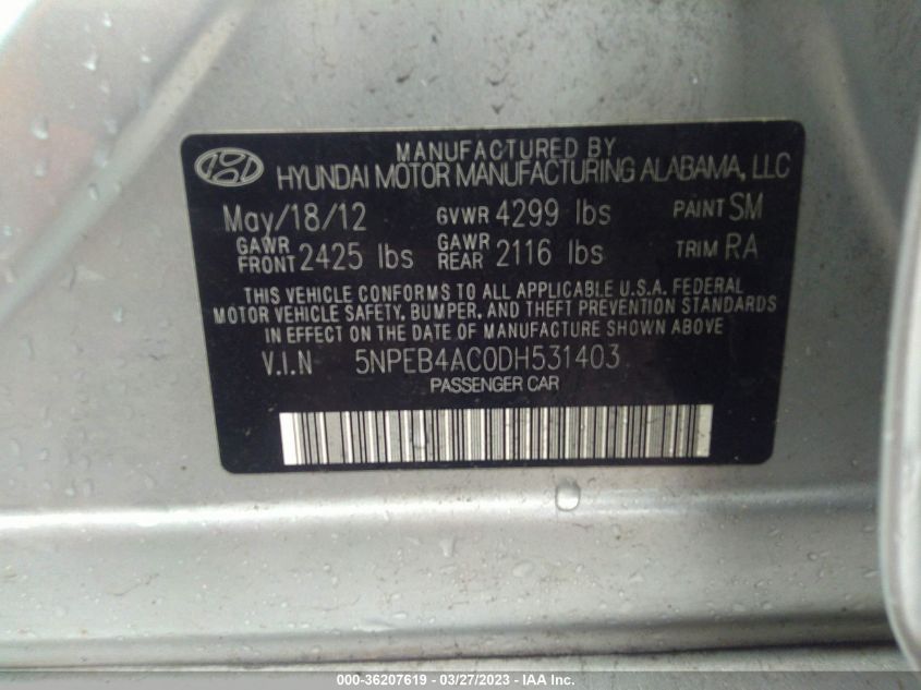 2013 HYUNDAI SONATA GLS - 5NPEB4AC0DH531403