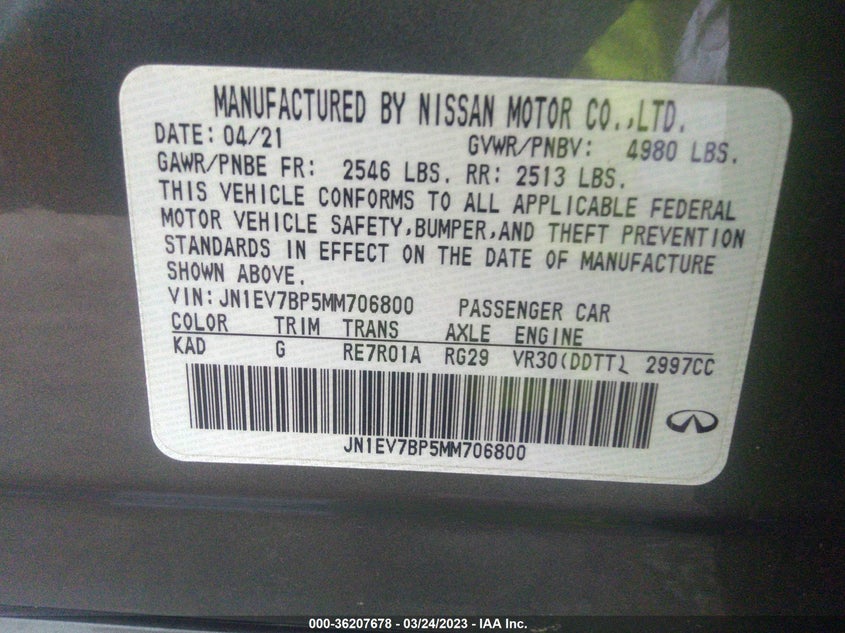 VIN JN1EV7BP5MM706800 2021 INFINITI Q50 3.0T LUXE