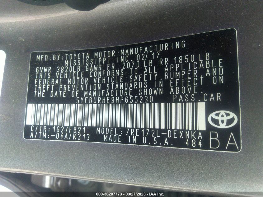 2017 TOYOTA COROLLA LE - 5YFBURHE9HP655230