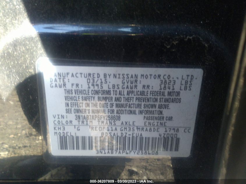 2015 NISSAN SENTRA SR/SL/S/SV/FE+ S - 3N1AB7AP6FY258608