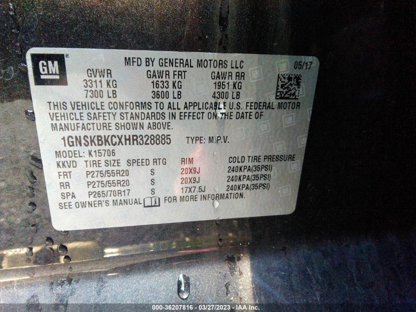 2017 CHEVROLET TAHOE LT - 1GNSKBKCXHR328885