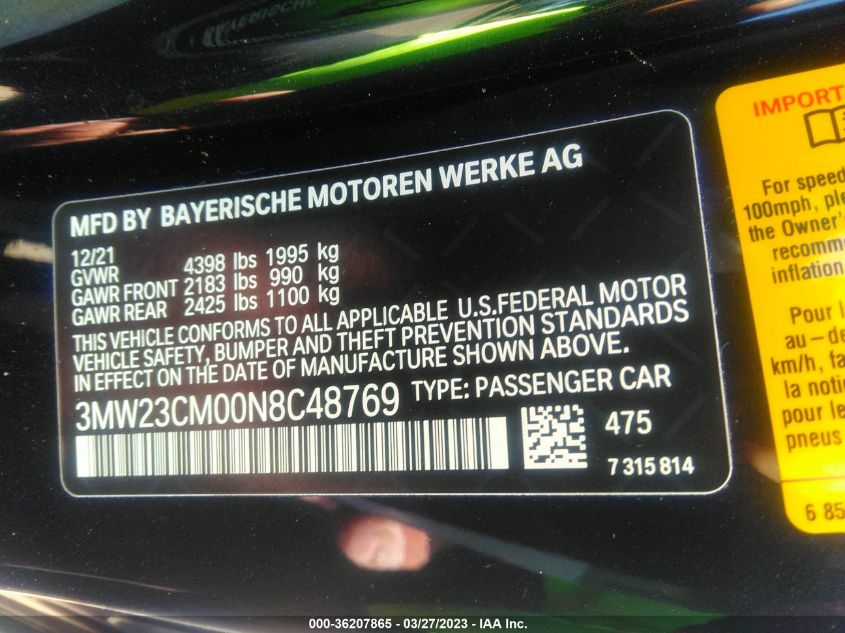 2022 BMW 2 SERIES 230I - 3MW23CM00N8C48769