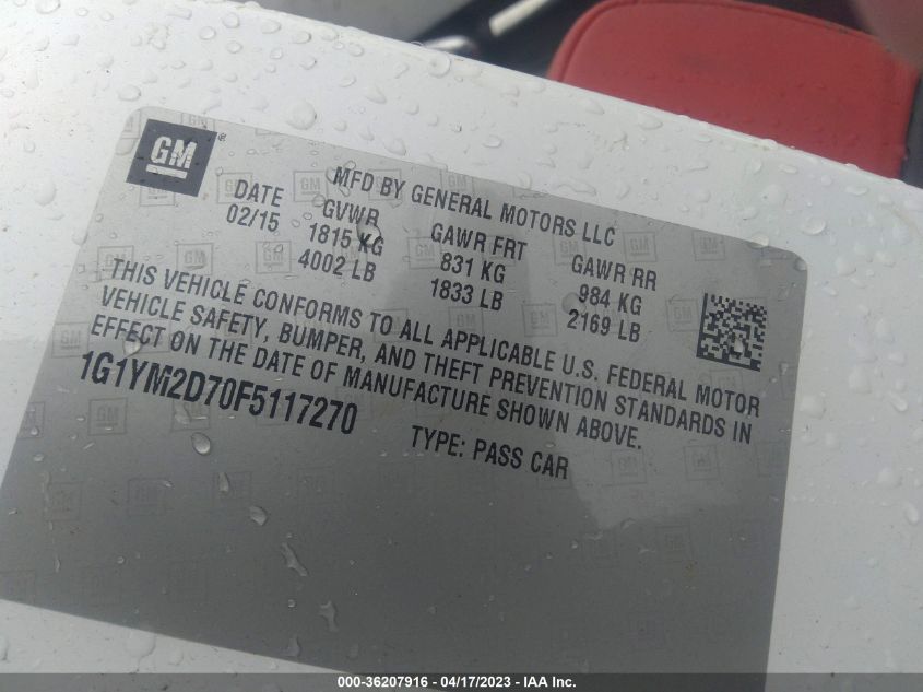 2015 CHEVROLET CORVETTE Z51 3LT - 1G1YM2D70F5117270