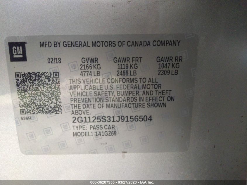 2018 CHEVROLET IMPALA PREMIER - 2G1125S31J9156504
